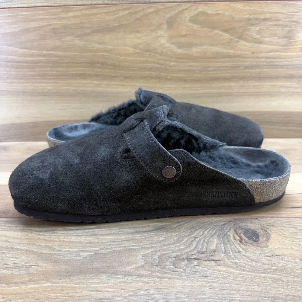 Birkenstock Boston Clogs Fur Lined Mens 10 EU 43 Dark Brown Suede Slip On